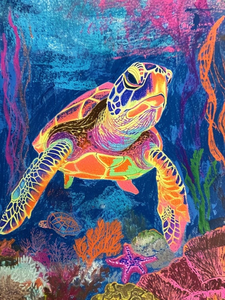 Rainbow Sea Turtle With Marine Plants Crayon Drawing