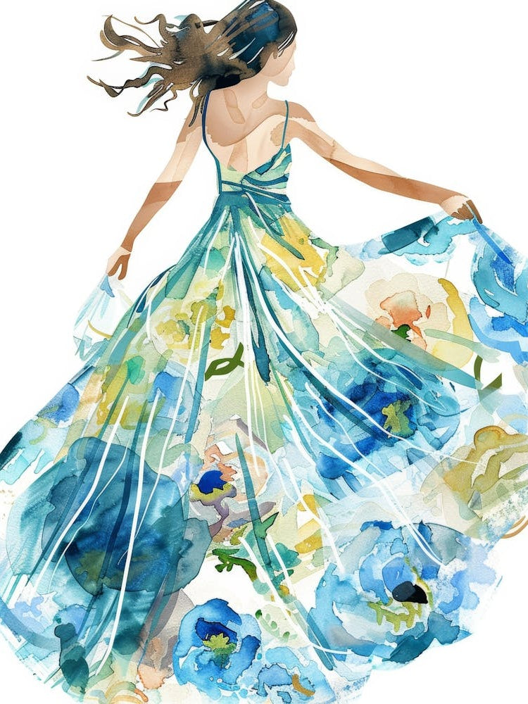 Watercolor Floral Girl In Blue Dress