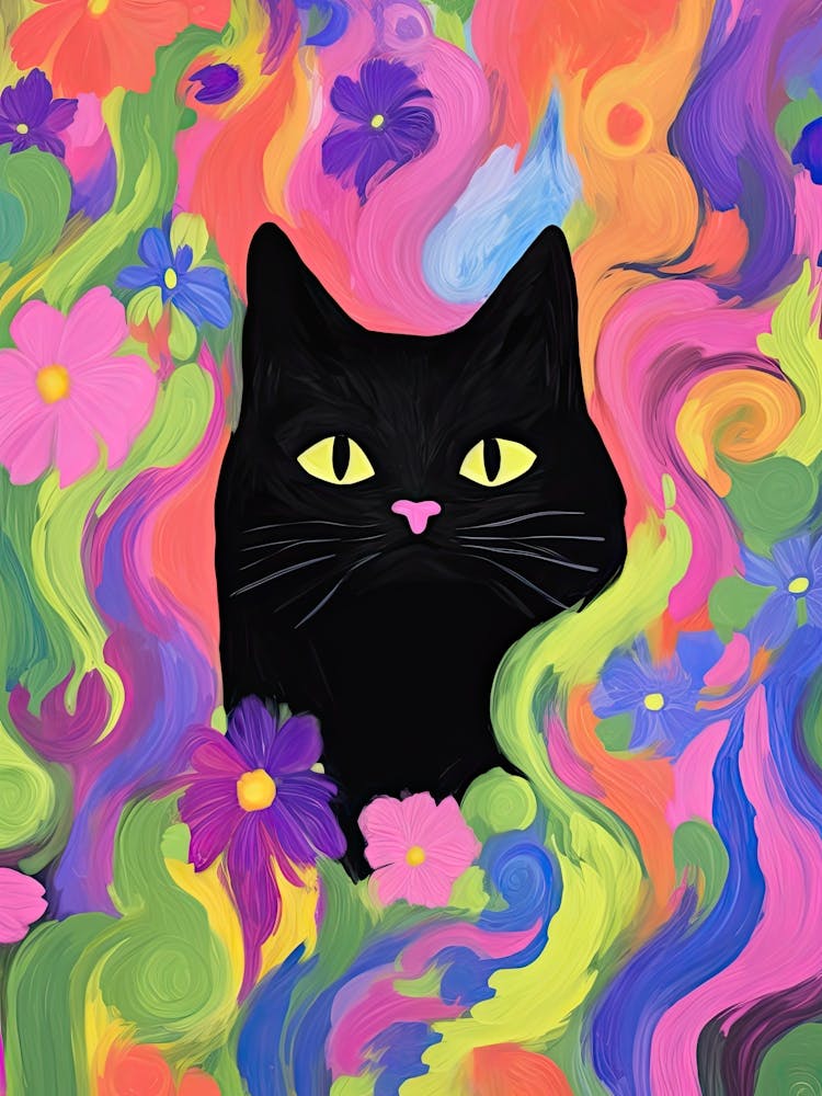Black Cat In Colourful Flower Background