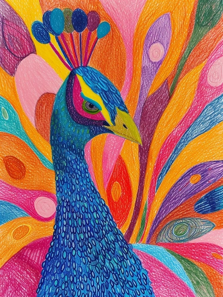 Rainbow Peacock Feathers Felt Tip Portrait