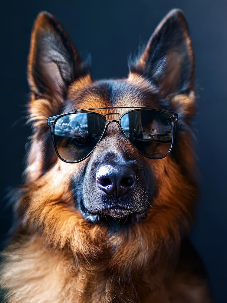 German Shepherd Dog In Sunglasses.Generated AI. Wall
