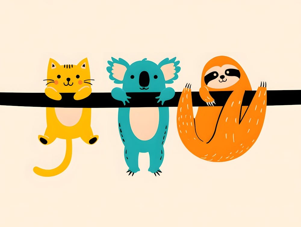 Adorable Hanging Animals Print: Cat, Koala, Sloth Wall Art for Nursery & Kids Room