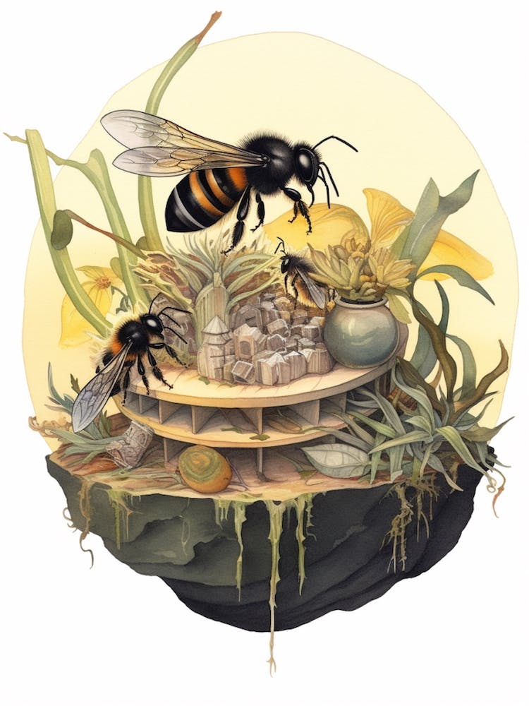 Salzmarsch-Holzbiene Bienenstock-Aquarell-Illustration 2