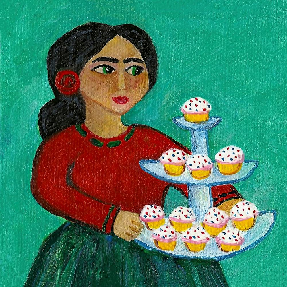 Mexican Girl With Cupcakes, Colorful Folk Art, Girl Portrait, Colorful Wall Art