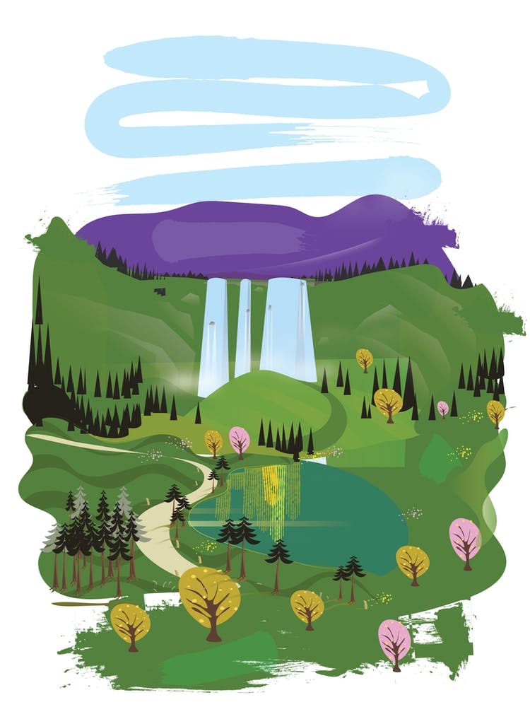 Vintage Landscape With Waterfall