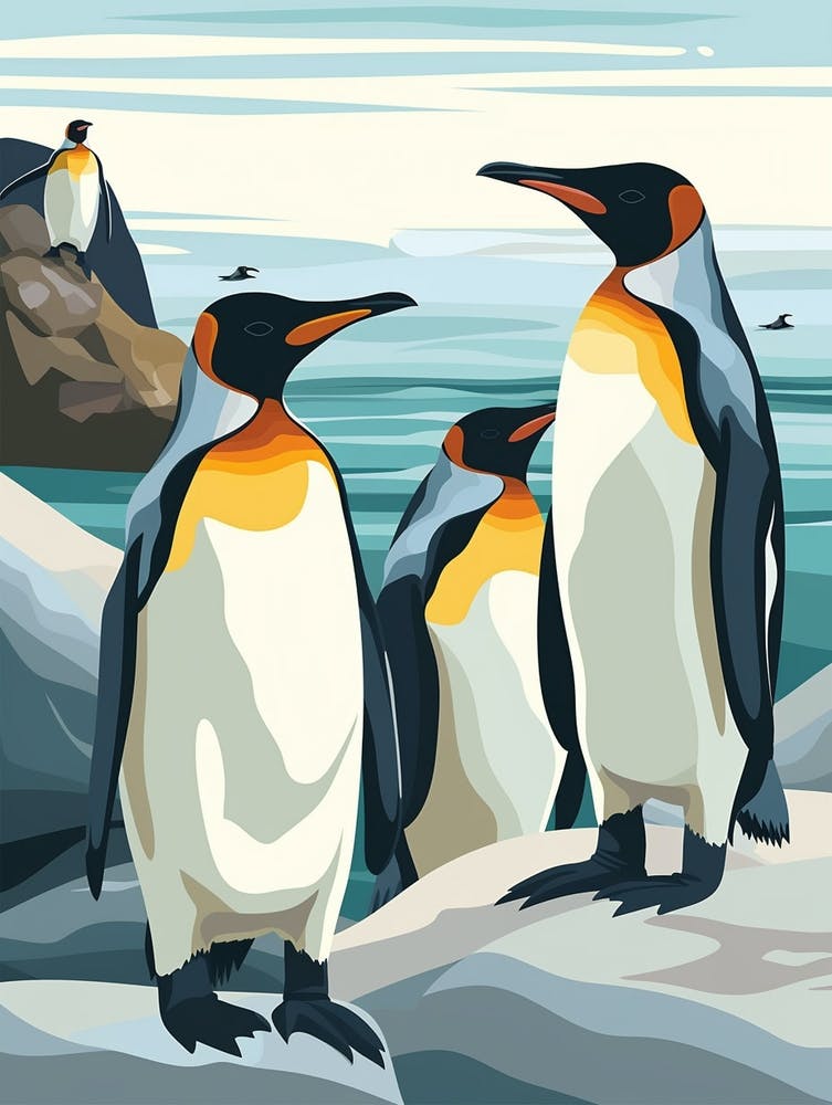 King Penguin Paradise Harbor Minimalist Illustration 1