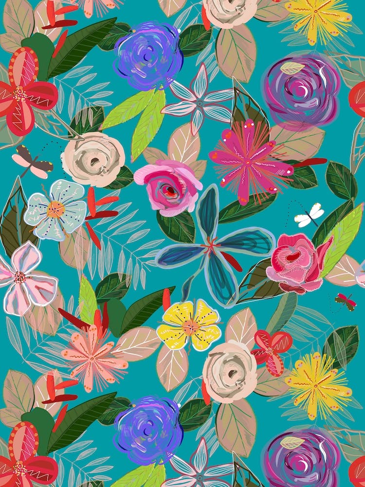 Vivid Colorful Botanical Flowers Pattern With Turquoise Background