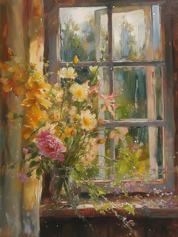 Fleurs d'œillets sur une fenêtre de cottage 4