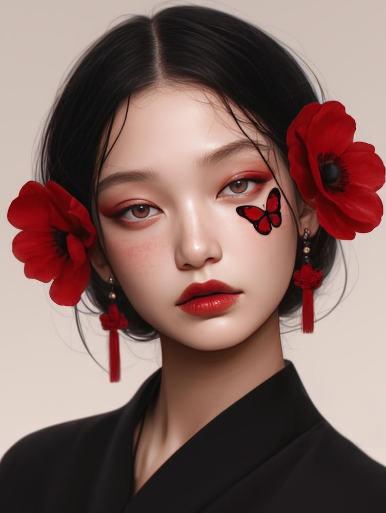 Asian Girl With Red Flowers