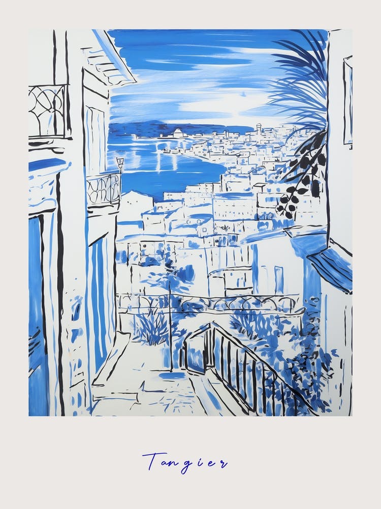 Tangier Maroc Méditerranée Affiche Dessin Bleu