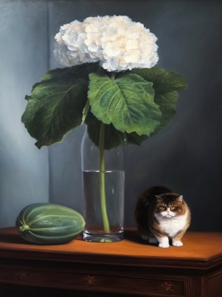 Painting Of A Still Life Of A Hydrangea With A Cat, Realism 4