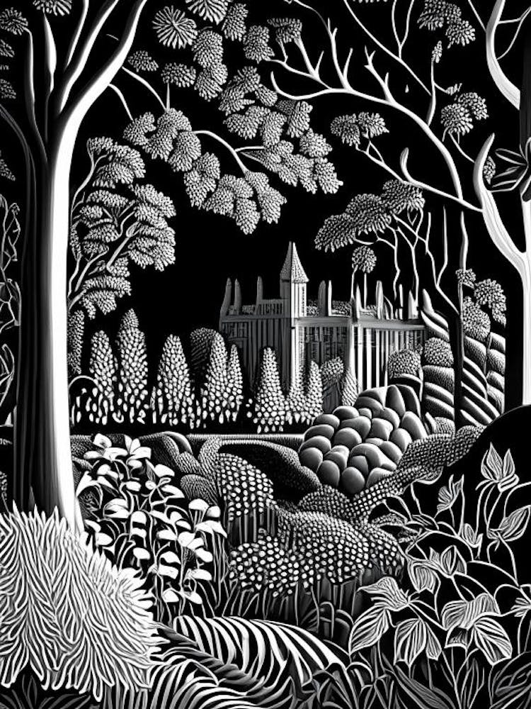 Alnwick Garden, Royaume-Uni Linogravure Noir 4 Et Blanc Vintage