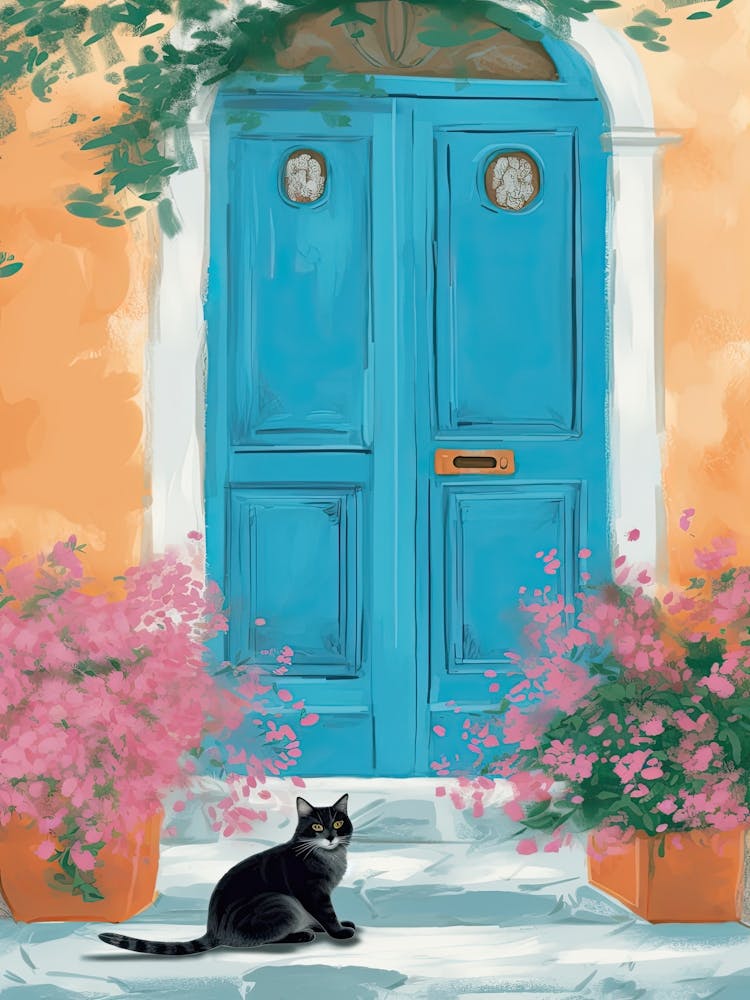 Black Grey Cat Mediterranean Blue Door
