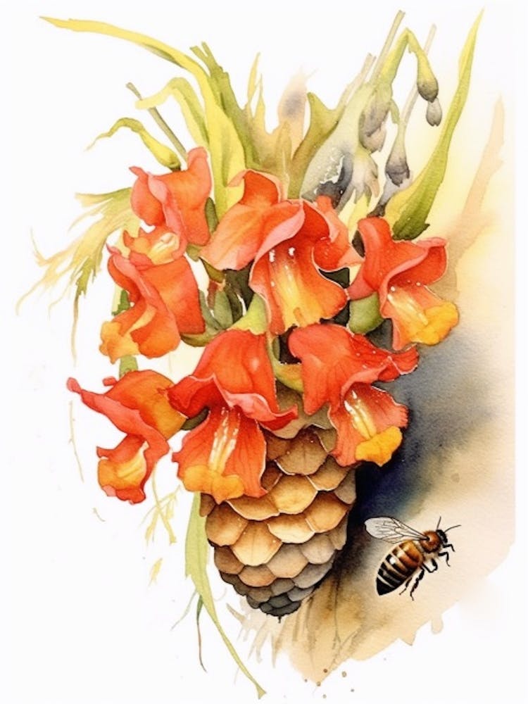 Beehive With Gladioli Watercolour Illustration 2