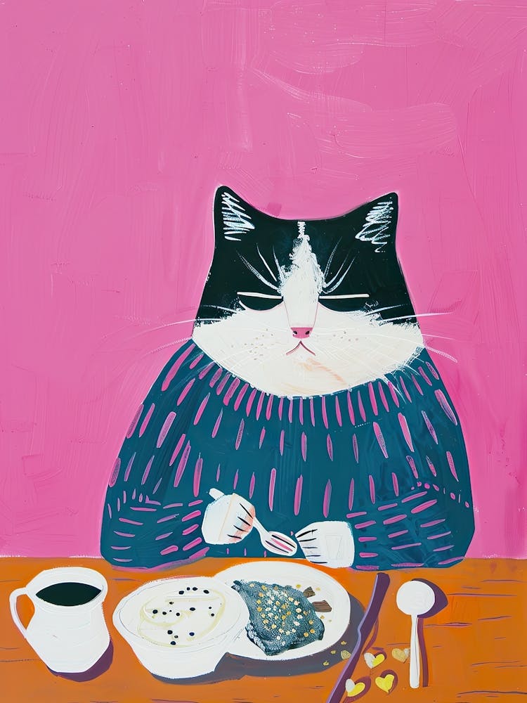 Black And White Cat Having Breakfast Folk Illustration 3