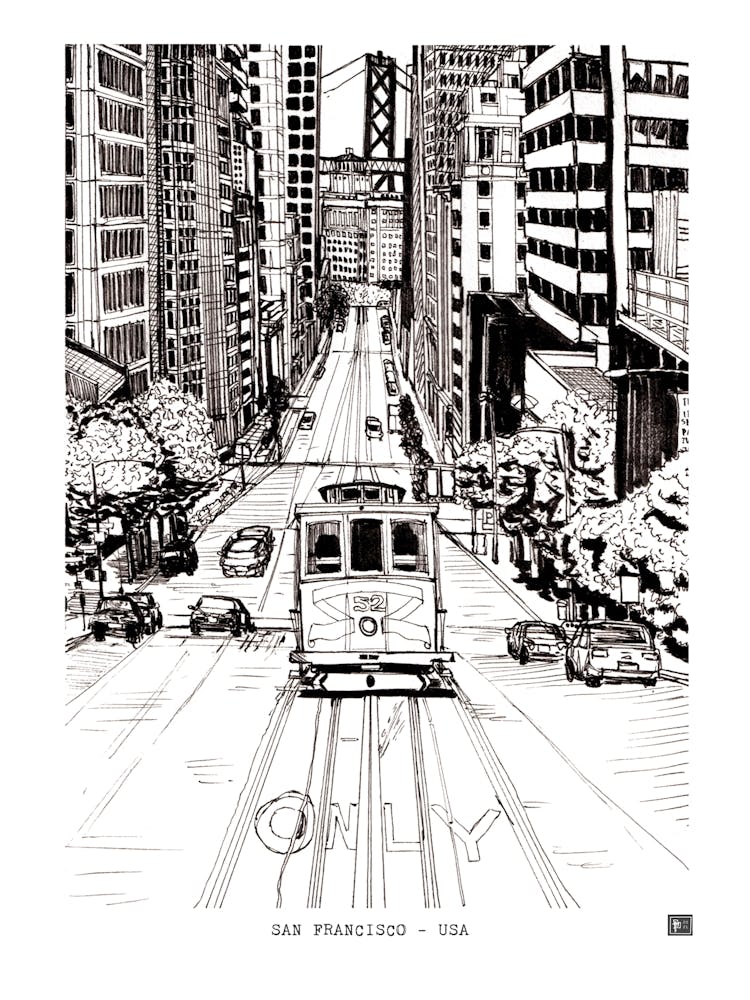 San Francisco Cable Car Cityscape Wall Art - Black Fine Line Illustration - California Art Poster