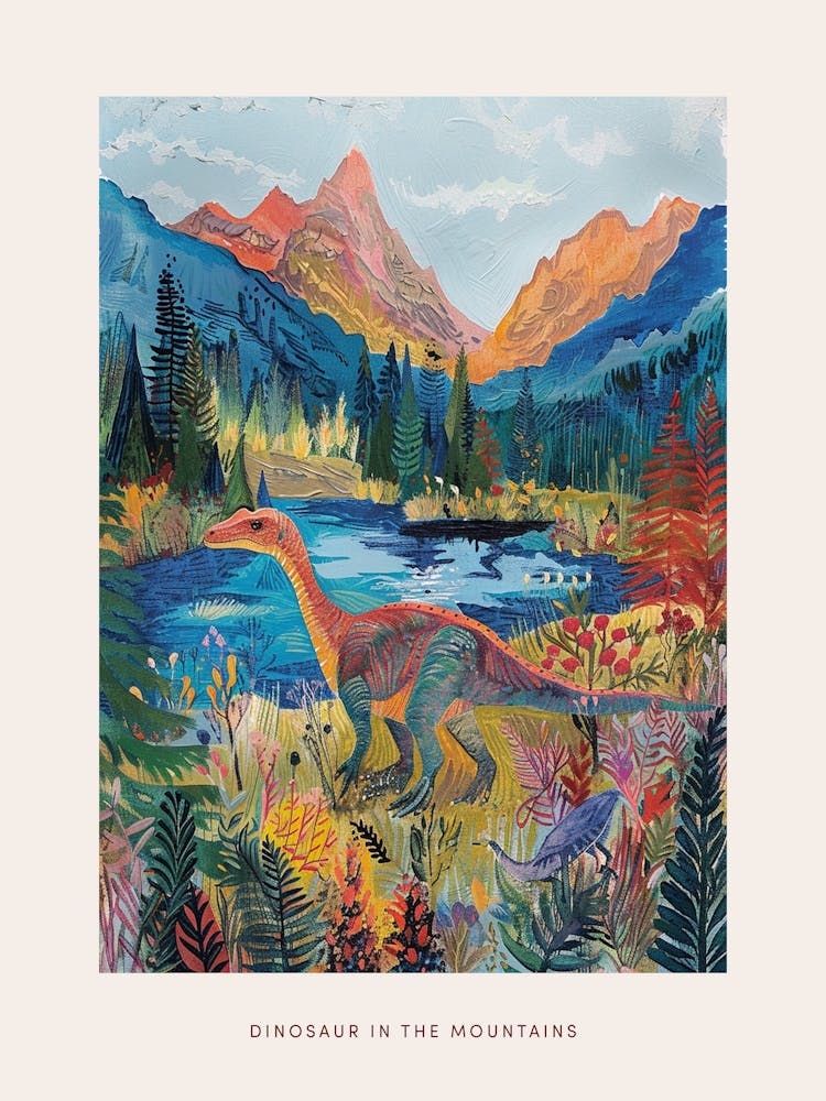 Dinosaur In The Mountains Landscape Painting 1 Poster