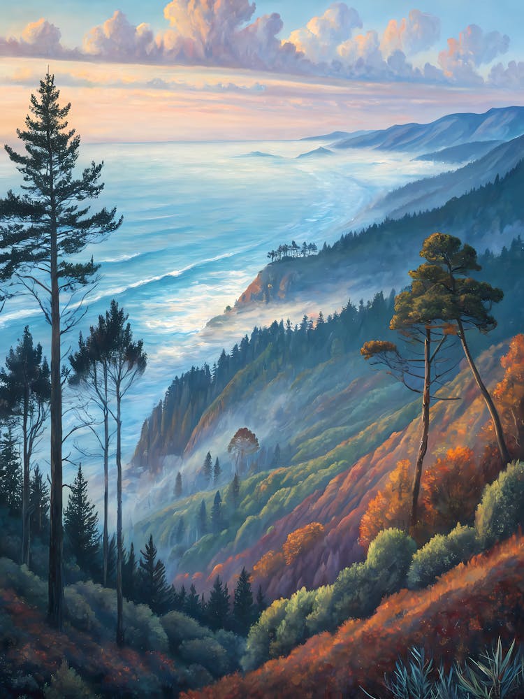 Van Gogh Style Misty Coast Mountain & Ocean Landscape