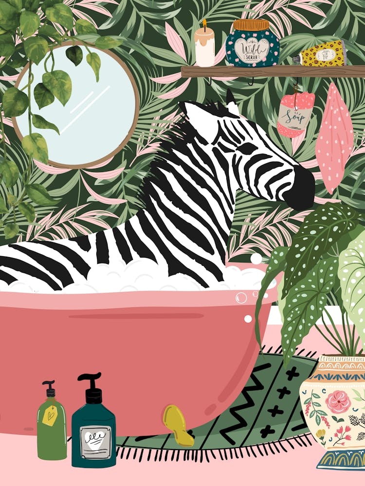 Zebra In Bathtub Botanical Bathroom