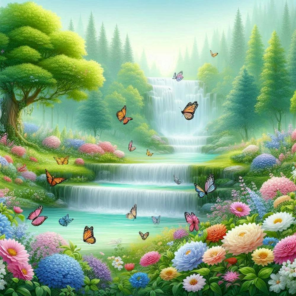 Waterfall With Butterflies