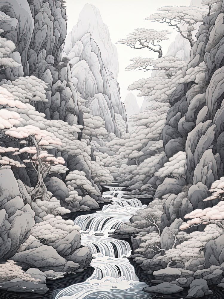Shosenkyo Gorge In Yamanashi, Ukiyo E Black And White Line Art Drawing 1