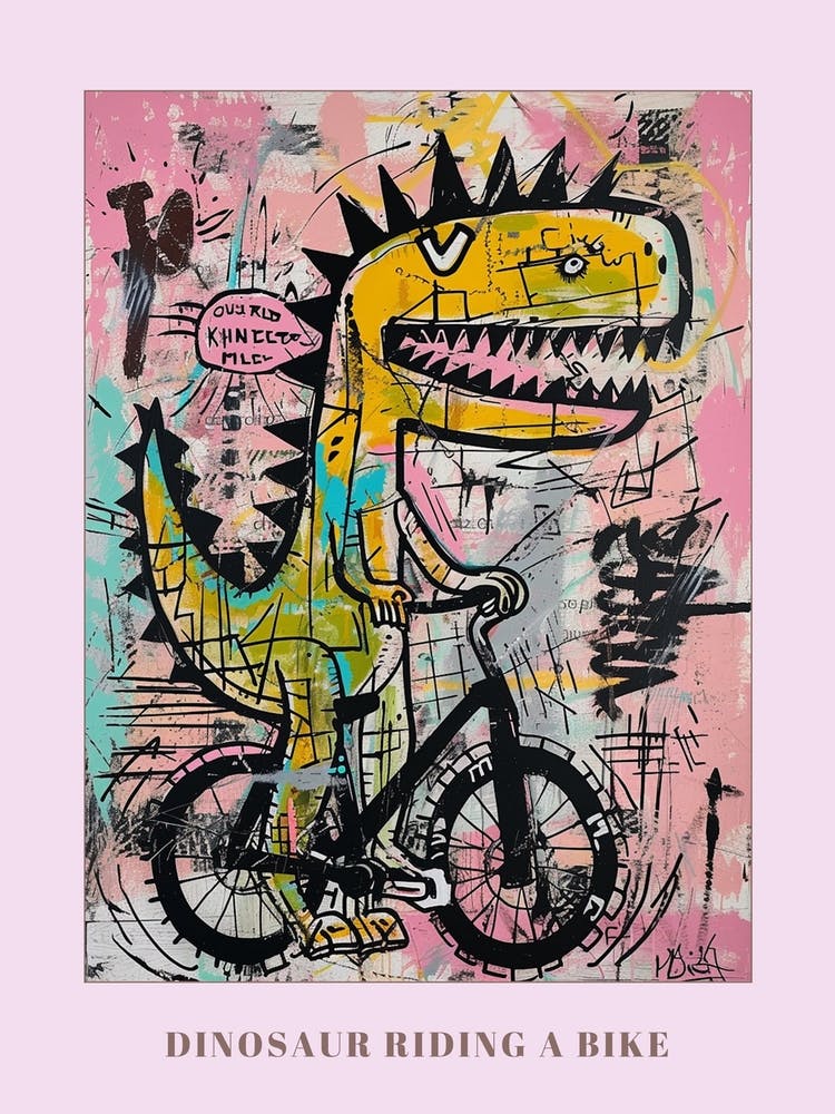 Dinosaur On A Bike Pink Purple Graffiti Style Illustration 1 Poster