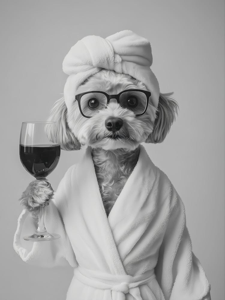 Cockapoo In Bathrobe Holding Wine Print, Black And White Wall Art, Dog Owner Gift, Pet Art, Funny Dog Poster, Bathroom Wall Decor