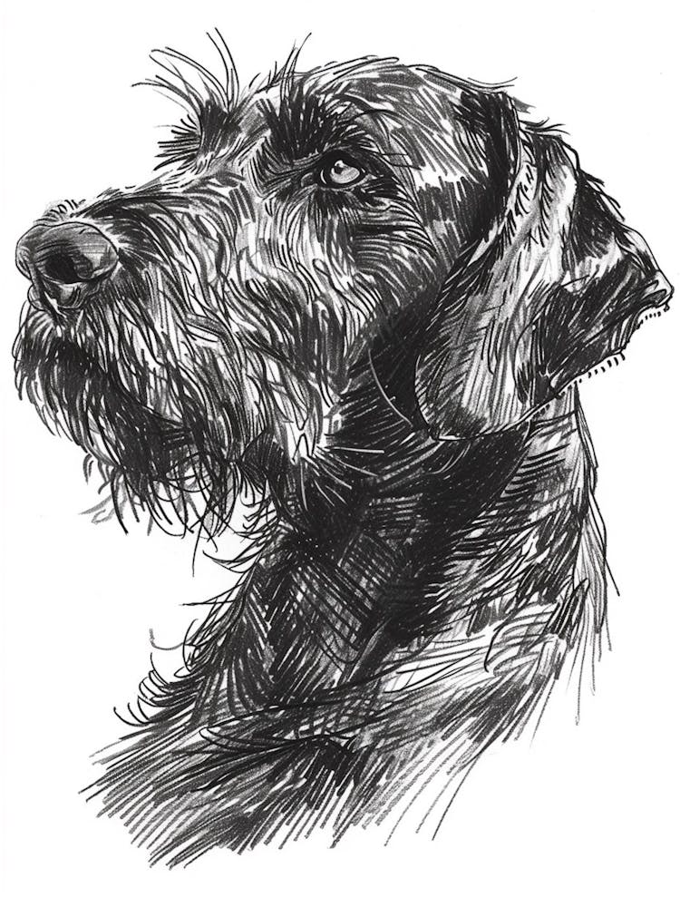 German Wirehaired Pointer Dog Black & White Line Sketch 1