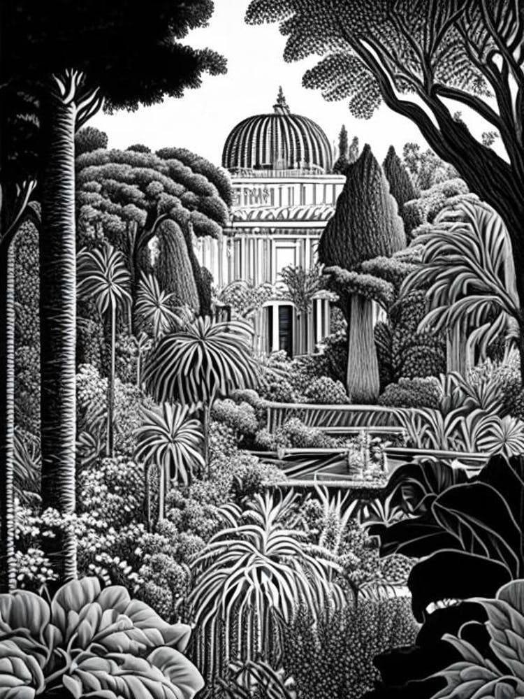 Giardini Botanici Villa Taranto, Italy Linocut Black And White Vintage
