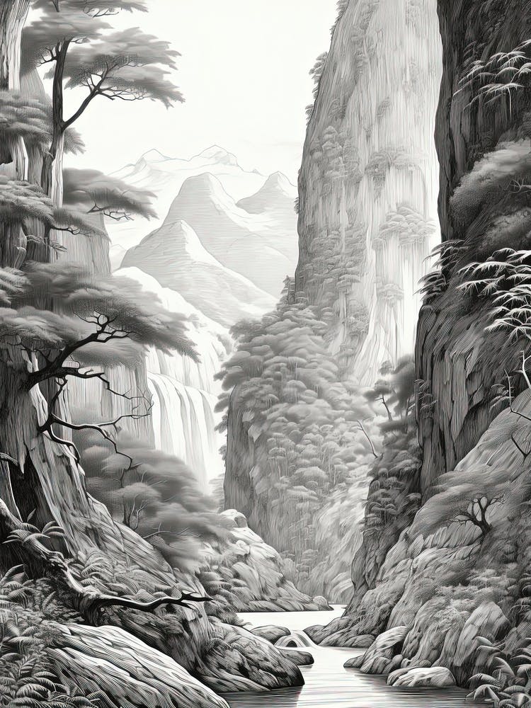 Iya Valley In Tokushima, Ukiyo E Black And White Line Art Drawing 2