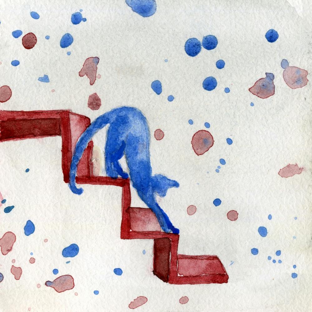 Blue Cat Stretching On Stairs Watercolor Painting