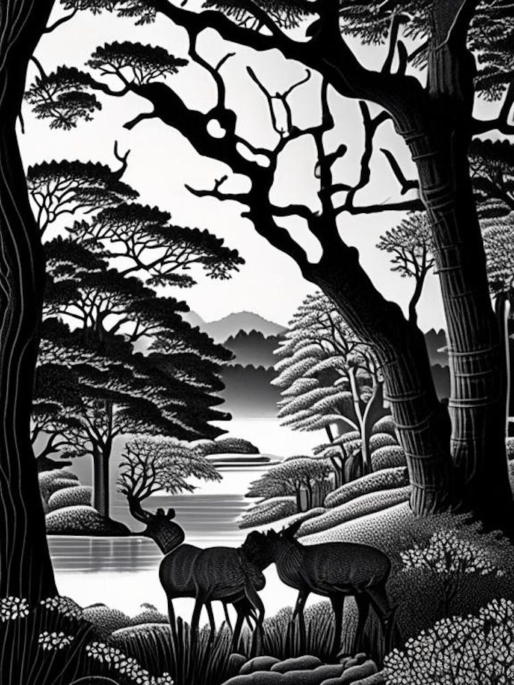 Parc de Nara, 1, Japon Linogravure Noir et Blanc Vintage