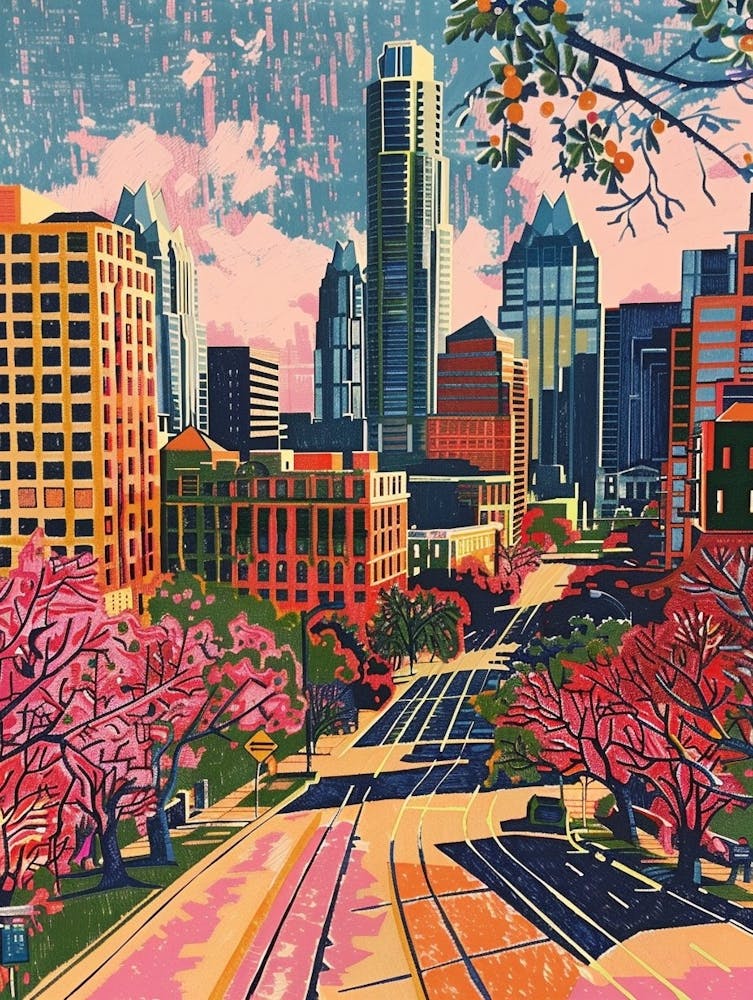 Red River Cultural District Austin Texas Colourful Blockprint 1