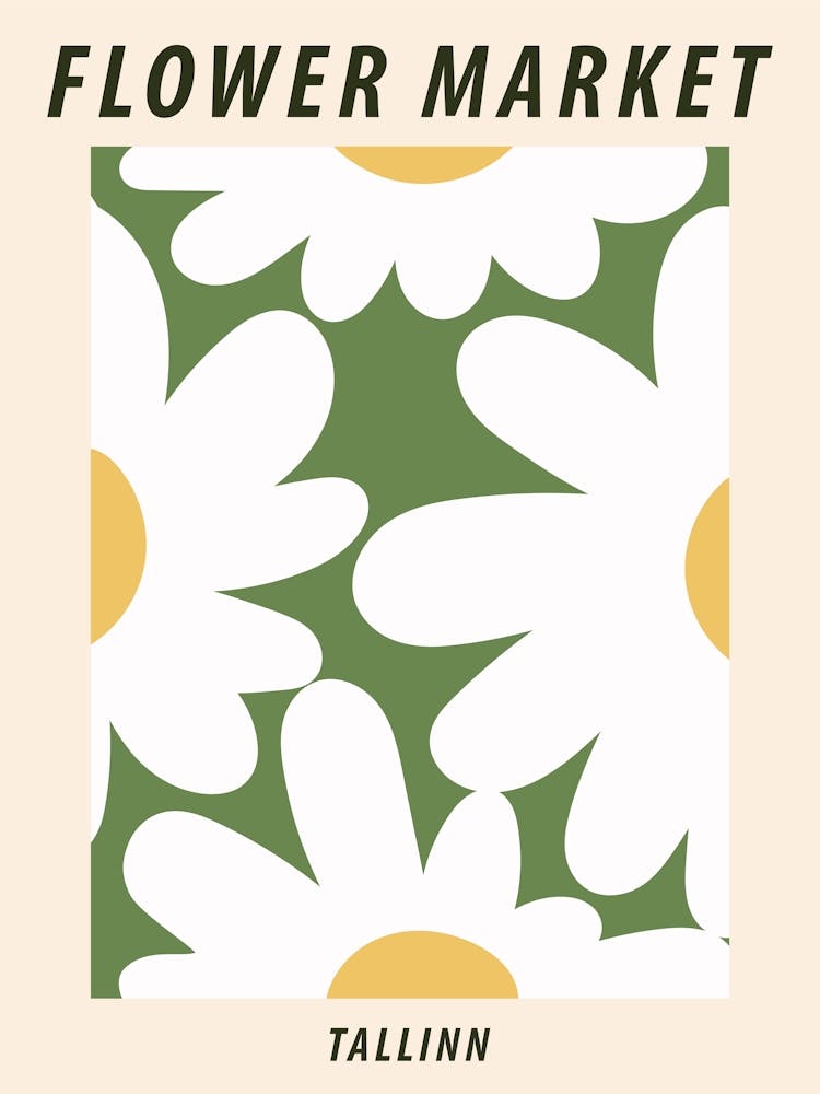 Flower market Tallinn, Fun retro print, Abstract white flowers