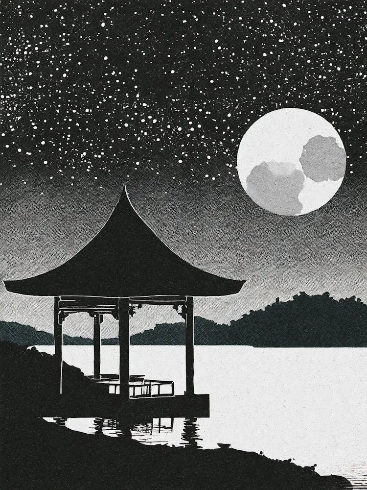 A Full Moon Night With A Silhouetted Pavilion At A Lake Ukiyo-E