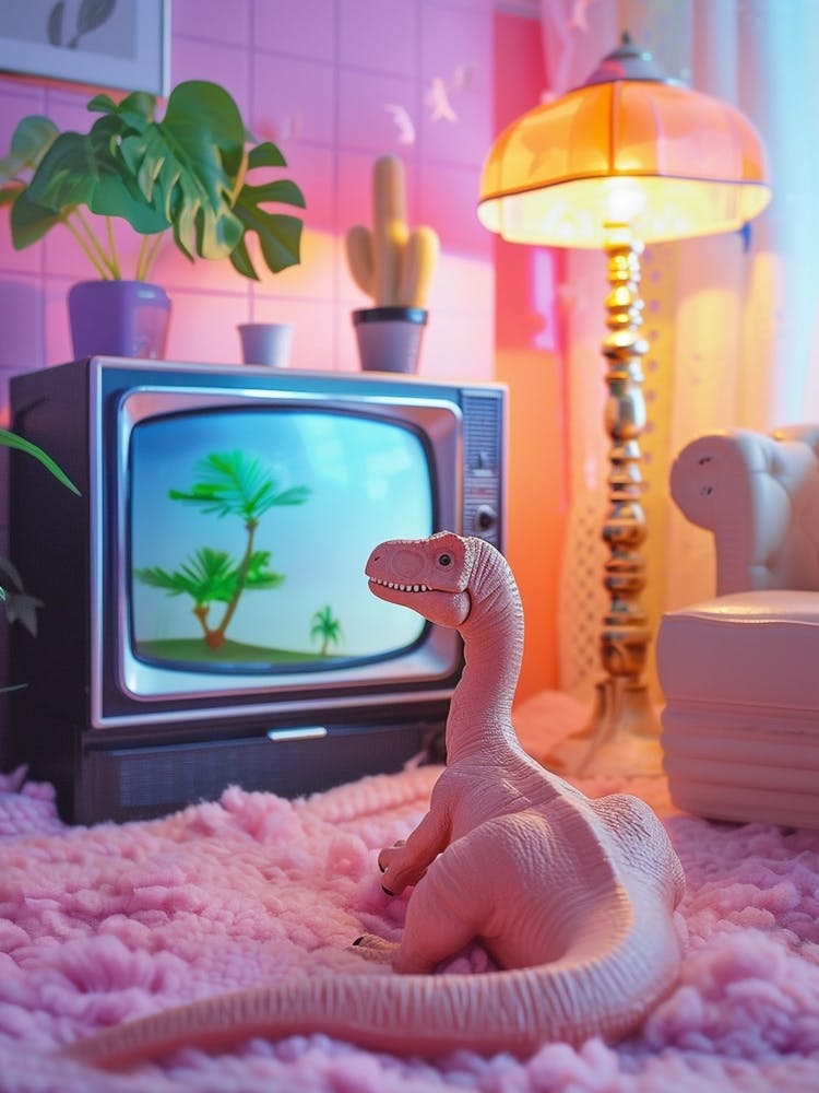 Pastel Pink Toy Dinosaur Watching Tv