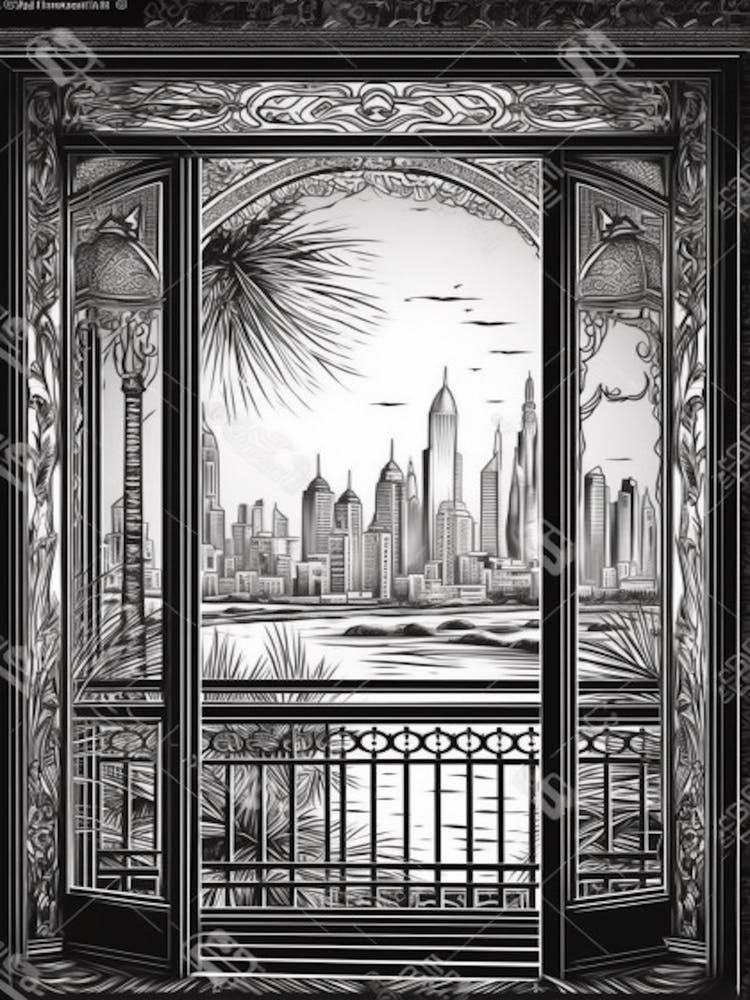 Window View Of Dubai United Arab Emirates   Black And White Colouring Pages Line Art 4