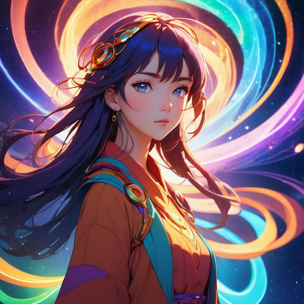 A (((girl))) 👩representing the intertwining of the physical and spiritual realms, with elements of the (((moebius strip concept))) like colors swirling🍃 around her✨