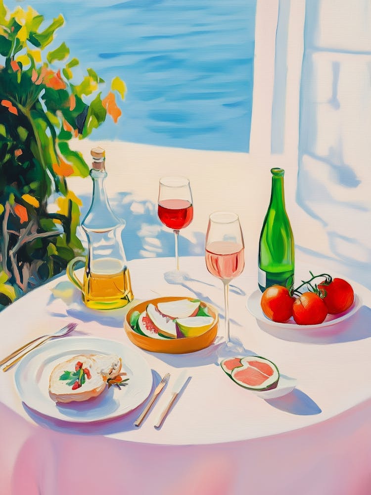 Mediterranes Gourmet im Süden, Sommer Malerei gedeckter Tisch