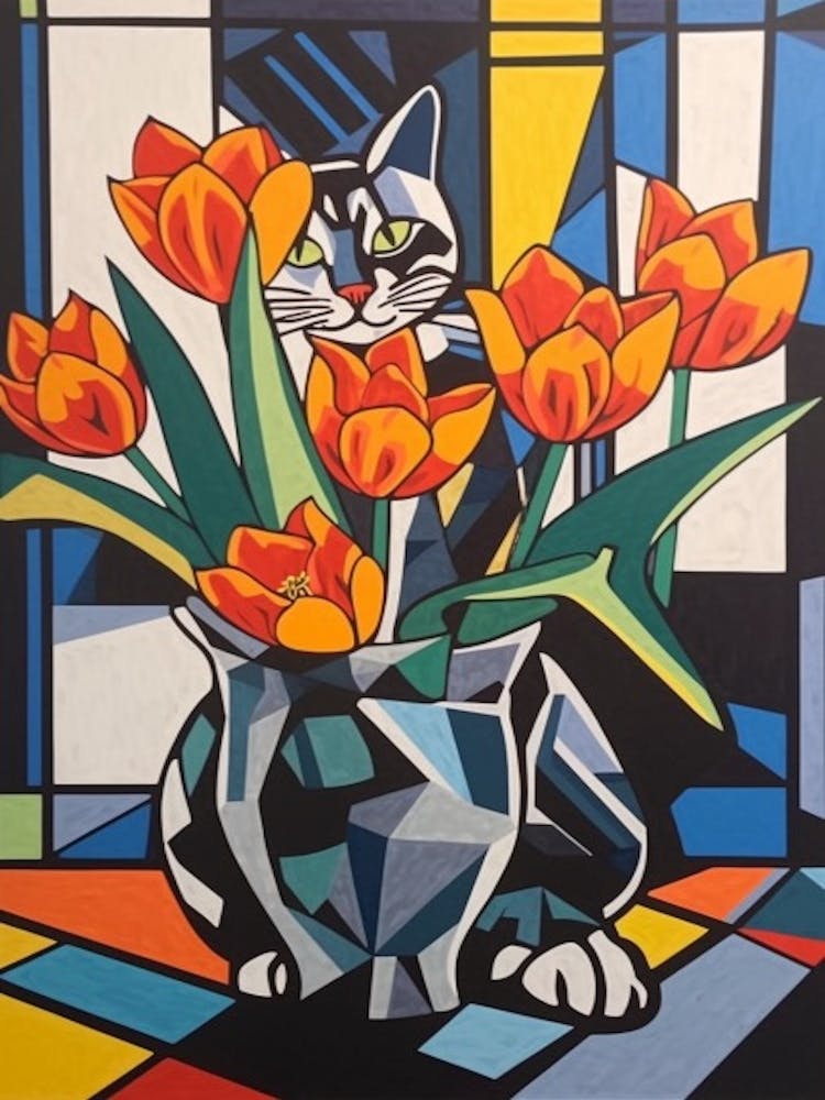 Tulips With A Cat 2 Abstract Expressionist