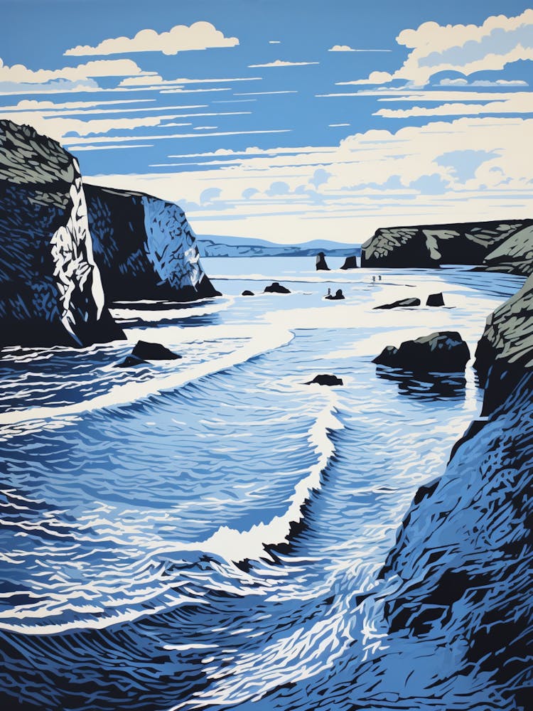Linocut Of Barafundle Bay Beach Pembrokeshire Wales 3