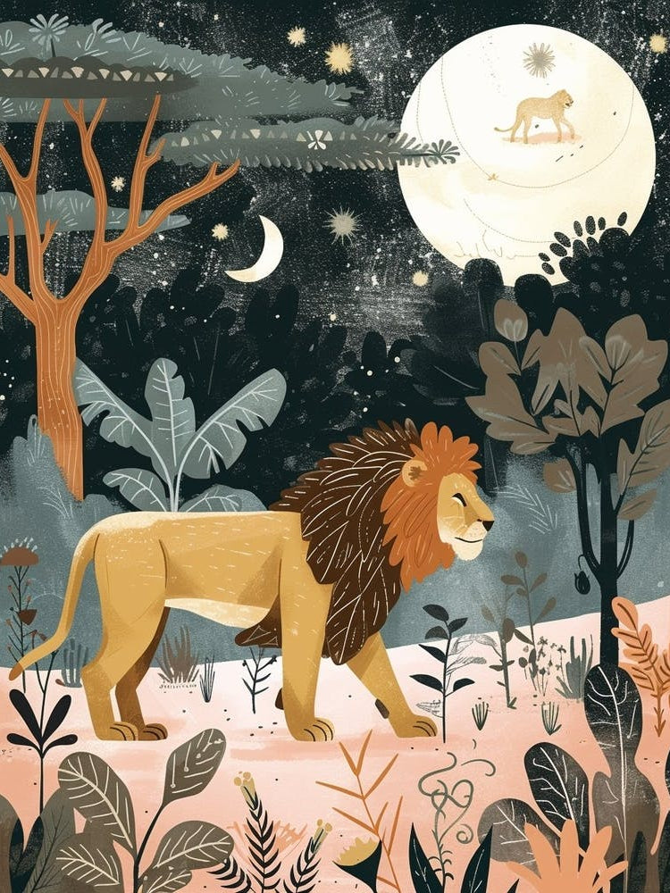 African Lion Night Hunt Illustration 1