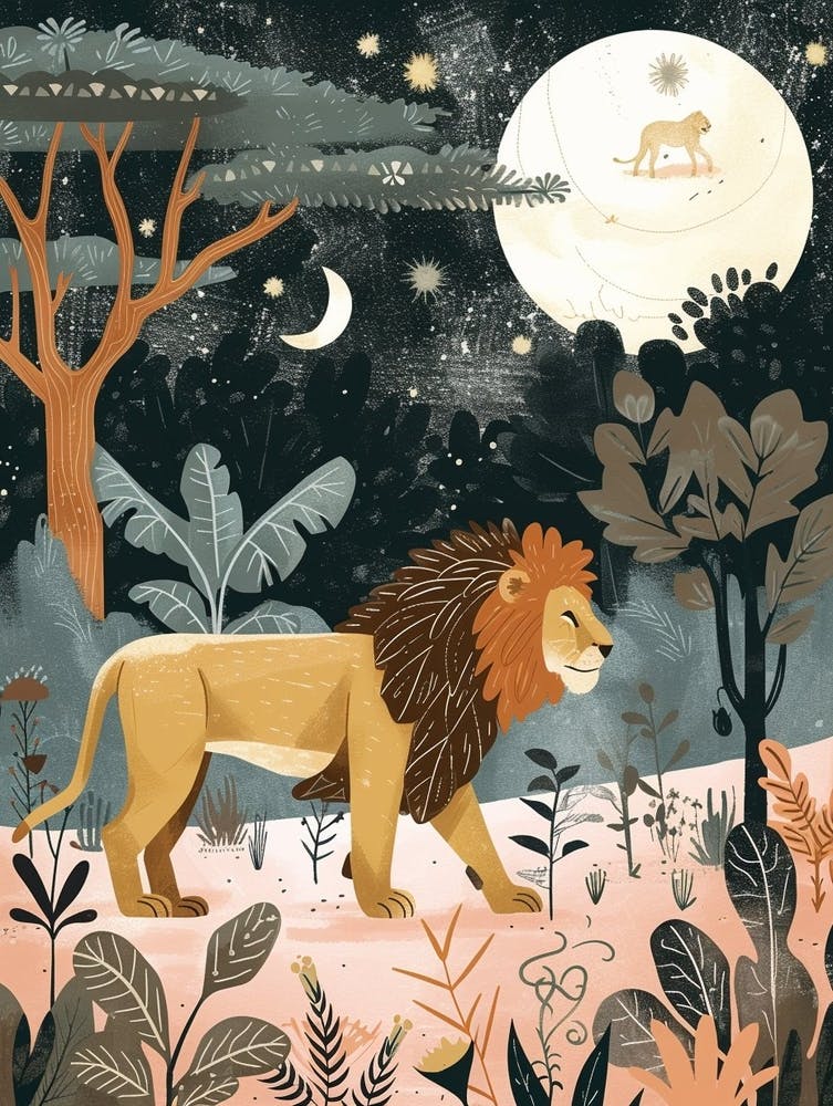 African Lion Night Hunt Illustration 1