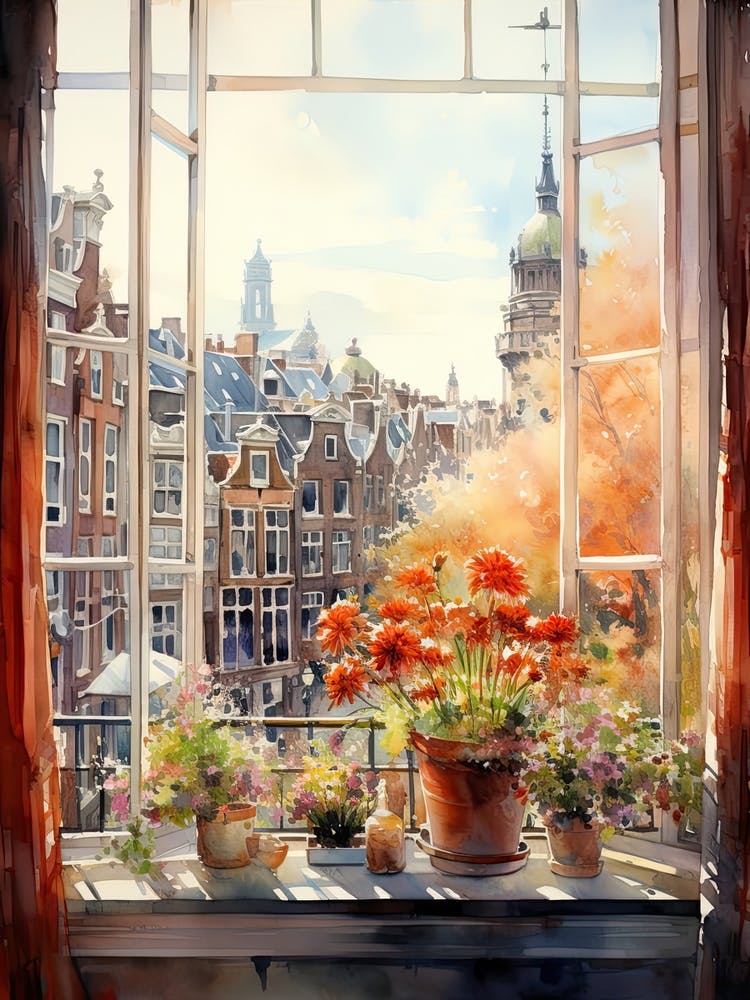 Window View Of Amsterdam Netherlands In Autumn Fall, Watercolour 4