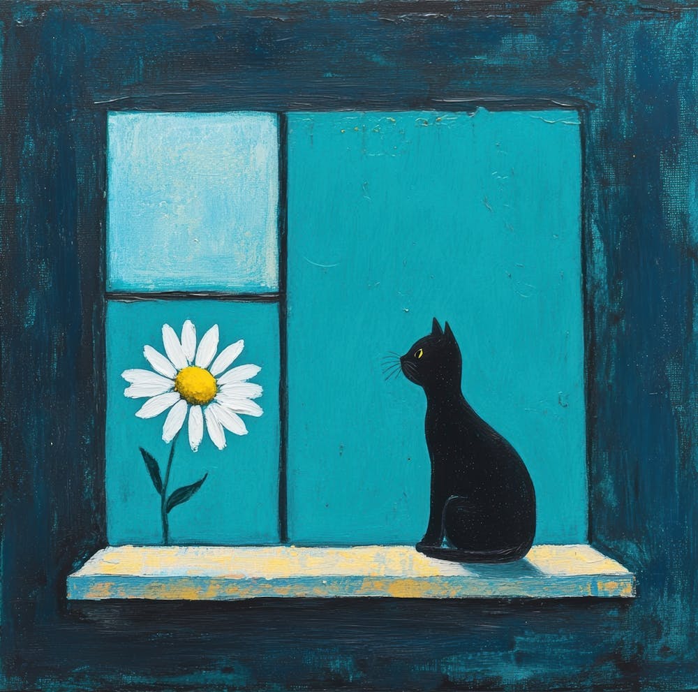 Teal Blue Cat And Daisy By the Window