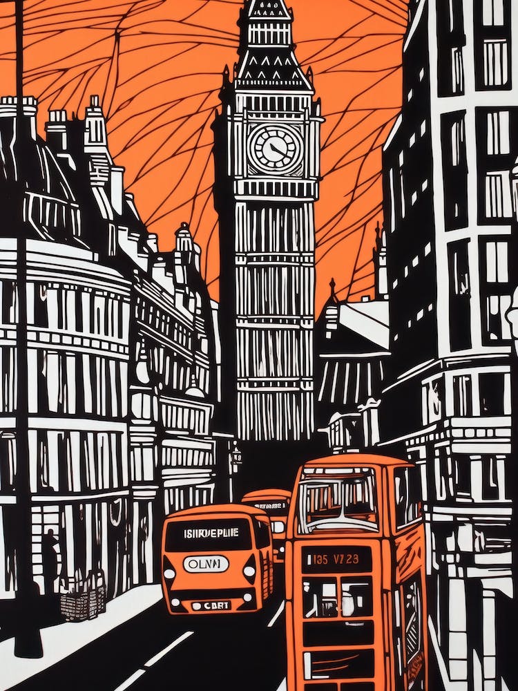 London England Linocut Illustration Style 1