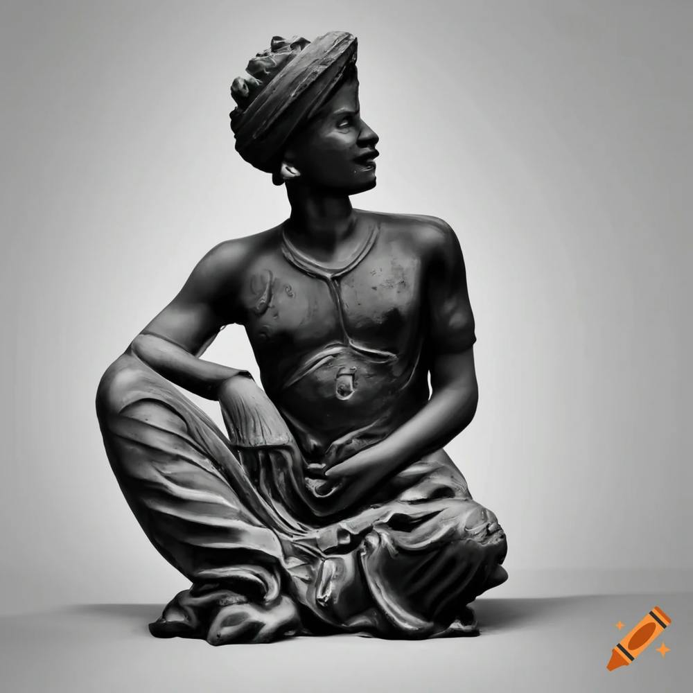 Indian Man Sitting On Ground Side Profile Black And White Statue
