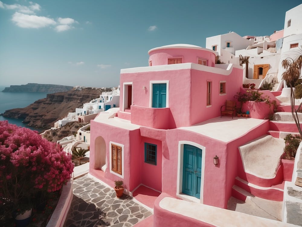 Maisons roses à Santorini