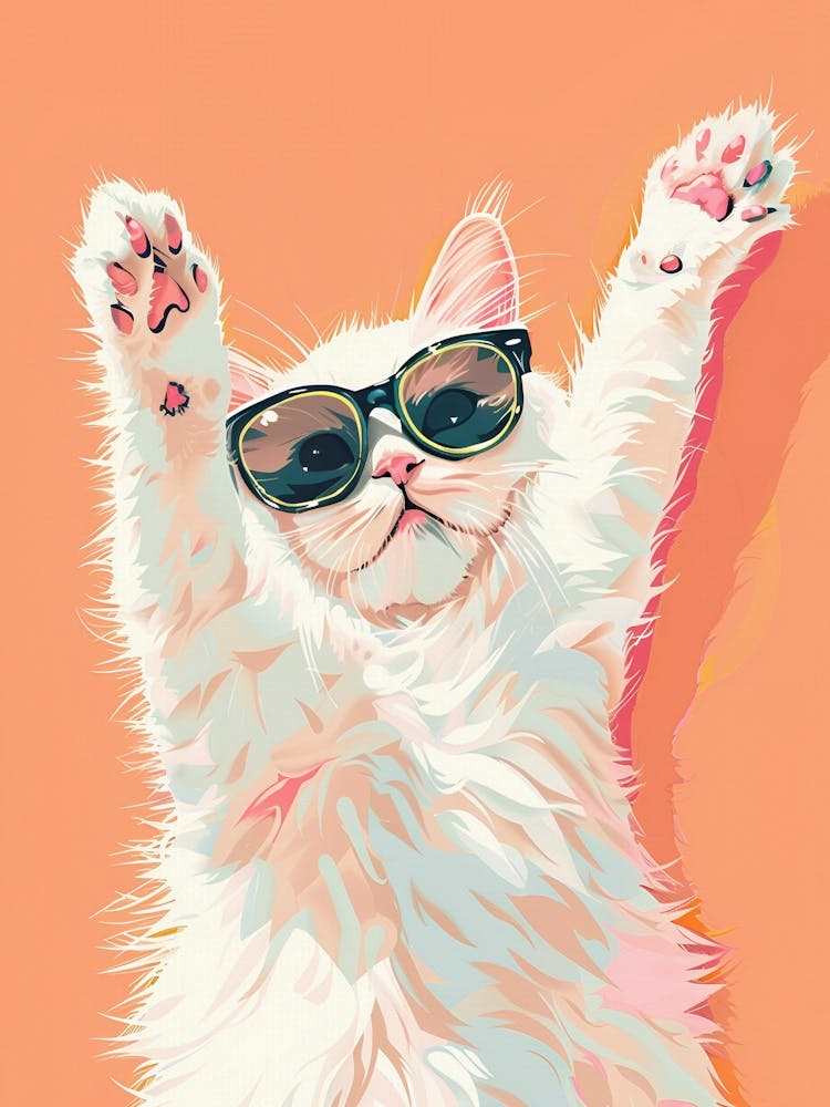 White Cat In Sunglasses Stretching, Preppy Aesthetic, Funny