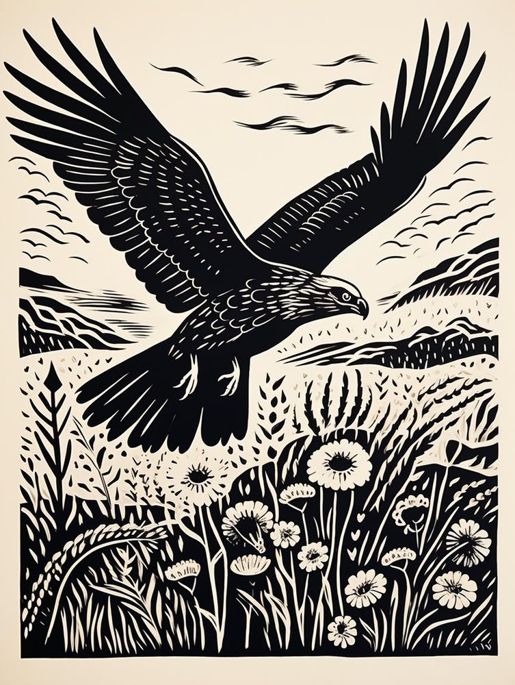 B&W Bird Linocut Harrier 4
